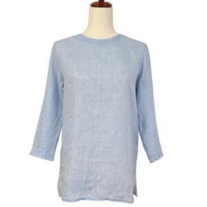 Amina Rubinacci 100% Linen Tunic Top Back Button Up Baby Blue 3/4 Sleeves Size M